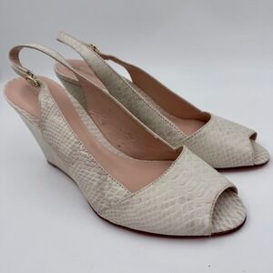 Arturo Chiang Cream Snakeskin Women 10M Embossed Leather Peep Toe Wedge Sandals